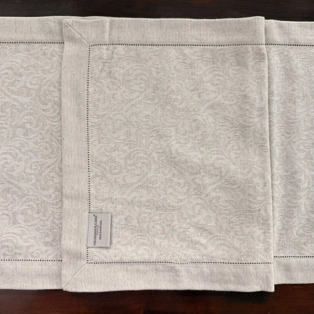 Portuguese Linen Damask Table Runner Hemstitch Neutral 88 x 14.5 MiCasaEstuCasa